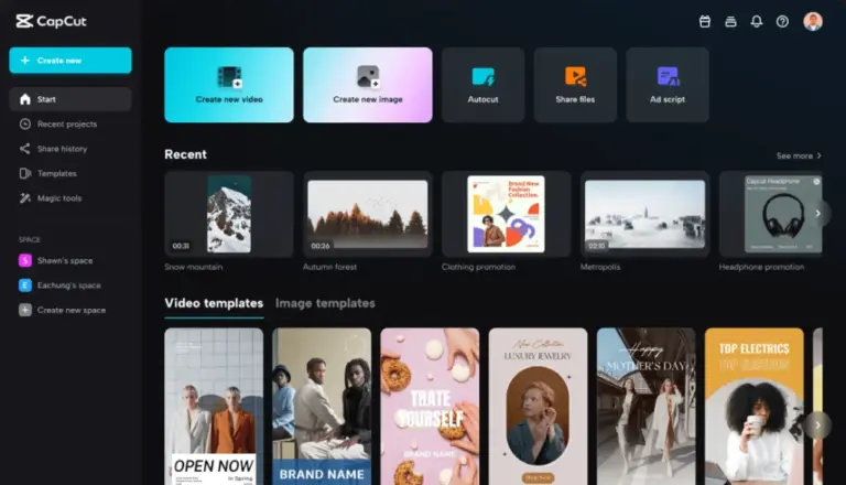 Screenshot der CapCut-Oberfläche. Zu sehen sind Optionen wie "Create new video", "Create new image", "Autocut", "Share files" und "Ad script". Darunter werden kürzlich bearbeitete Projekte sowie Video- und Bildvorlagen wie "Snow mountain" und "Luxury Jewelry" angezeigt. Links befindet sich eine Navigationsleiste mit Optionen wie "Recent projects", "Templates" und "Magic tools".