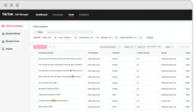 Screenshot der TikTok Ads Manager Benutzeroberfläche, die die Tools-Sektion zeigt. Im Fokus sind die TikTok-Kommentare, mit Spalten wie Kommentarinhalt, Antwort, Stimmung, enthält Frage und Anzeigentyp.