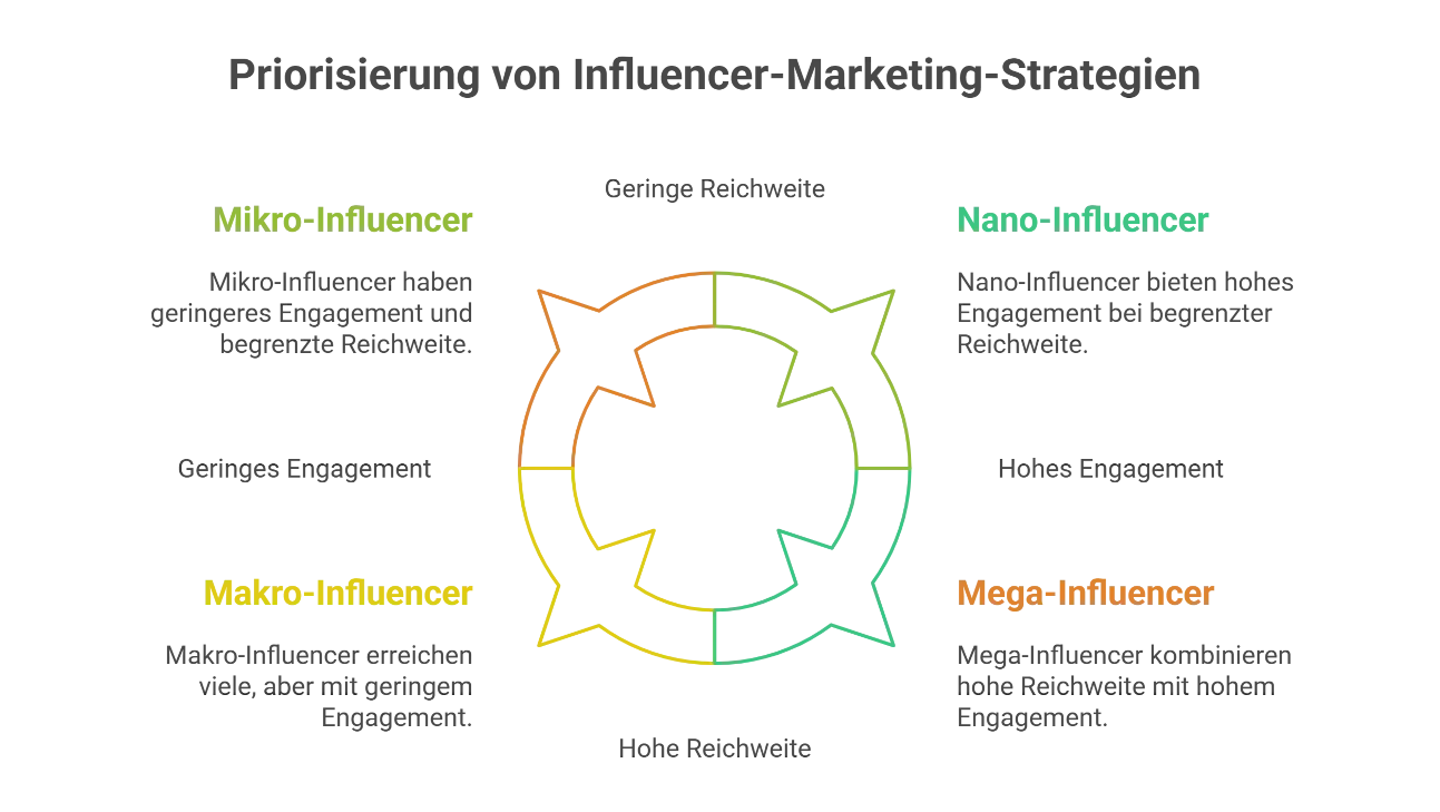 Diagramm zur Priorisierung von Influencer-Marketing-Strategien, das Nano-, Mikro-, Makro- und Mega-Influencer nach Reichweite und Engagement vergleicht.