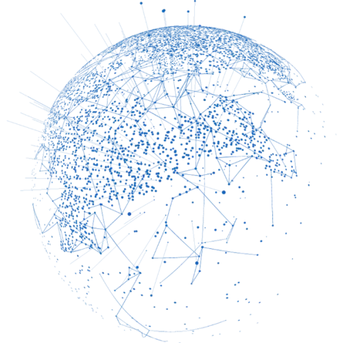 planet-ueberuns Transparente Illustration einer blauen digitalen Netzwerksphäre, bestehend aus verbundenen Punkten und Linien, die ein globales Netzwerk darstellen